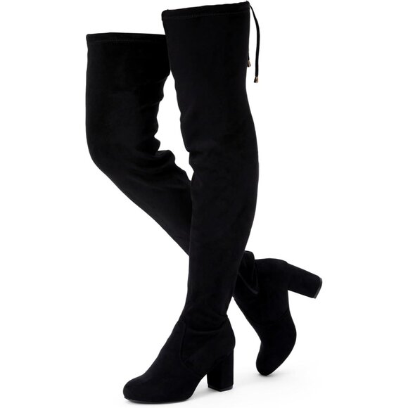 Women's Black Inner Zipper Thigh High Over The Knee High Square Heel Boots - Picture 1 of 8
